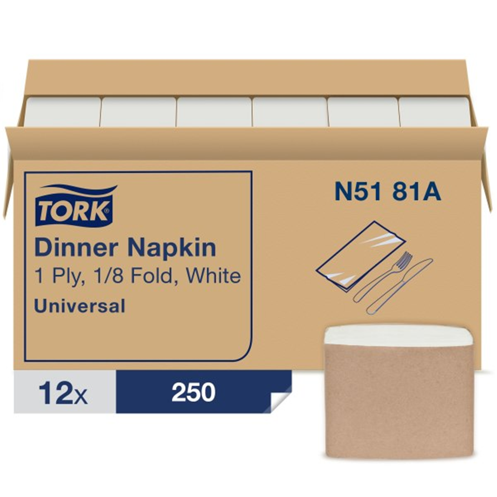 A cardboard box containing white dinner napkins, with one napkin roll placed in front of the box. Tork White 1-Ply Dinner Napkin (15 in. x 17 in., 250 Napkins/Pack, 3000 Napkins/Case)
